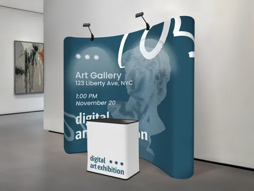 Tension fabric display for museum featuring the details for Art Gallery event.