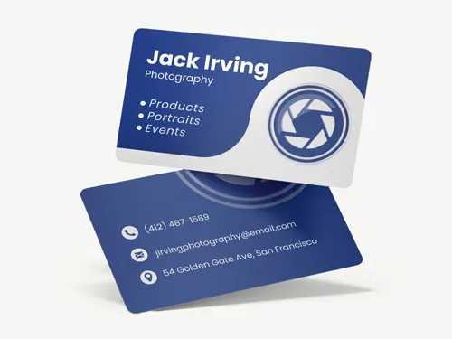 Blue photography business cards reading the photographer's name and provided services