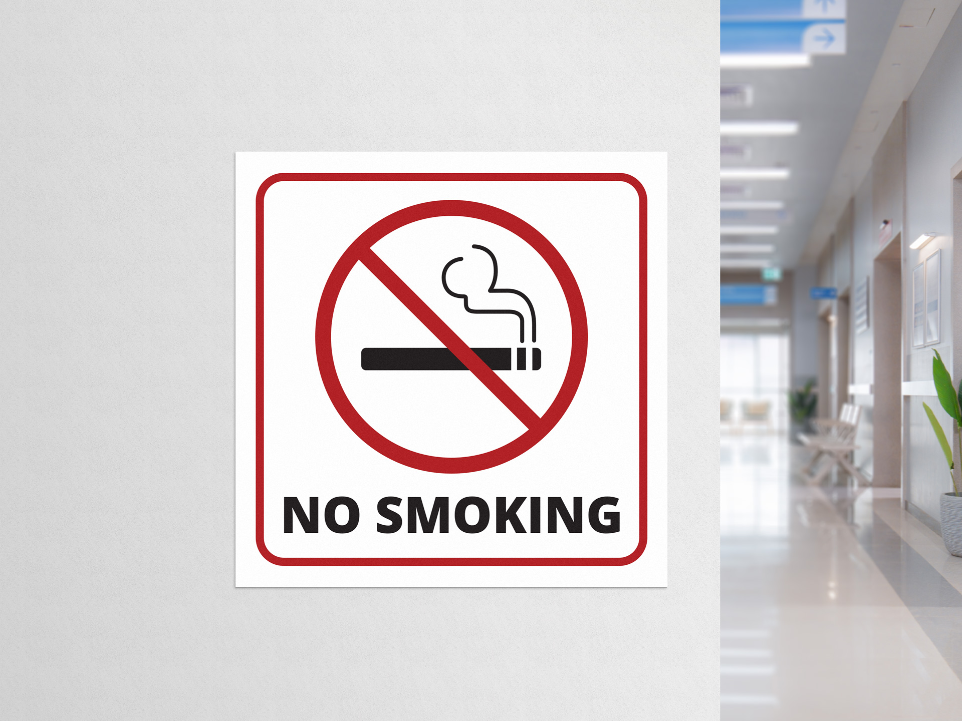 No smoking hospital wall decal with universal cigarette prohibition symbol.