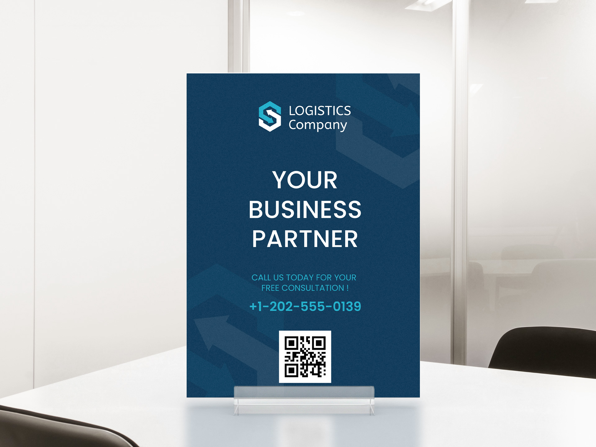 Your Business Partner acrylic tabletop signs for offices leaving a space for a QR code and contact info.