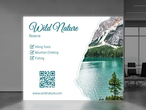 An informative SEG backlit popup display featuring the list of services related to hiking, climbing, and fishing.