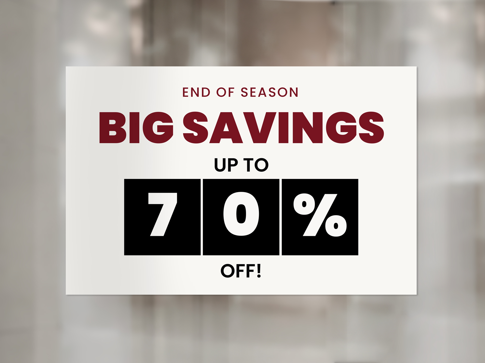 Custom decal for window showcasing sale information.