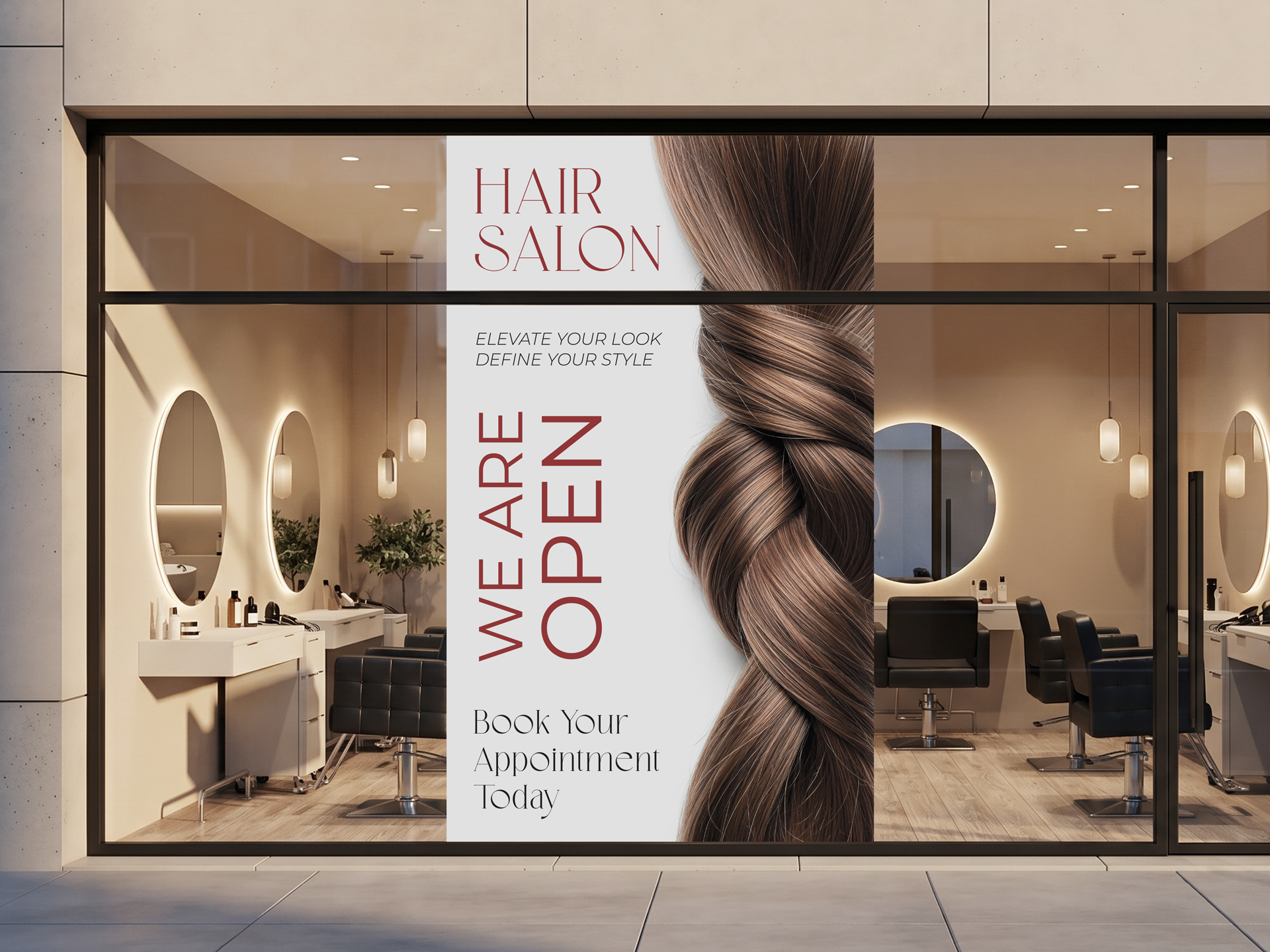 Hair salon window graphics communicating We are open messaging.