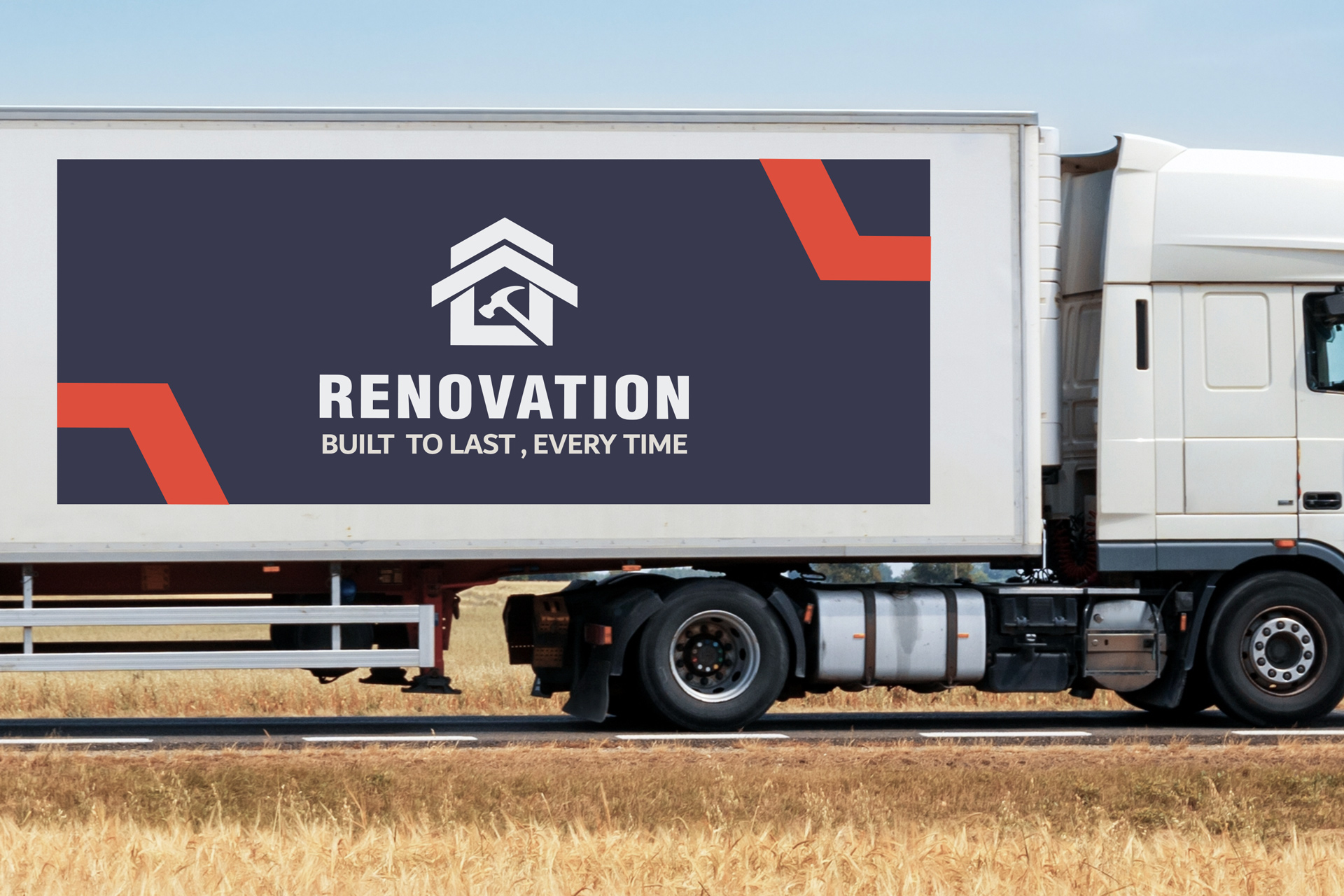 Opaque trailer graphics featuring a renovation company logo and tagline.