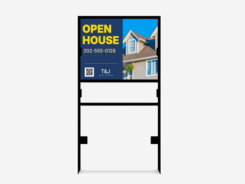 Open House H-frame sign for real estate featuring informational content.