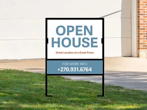 A custom real estate H-frame sign showcasing an open house event.