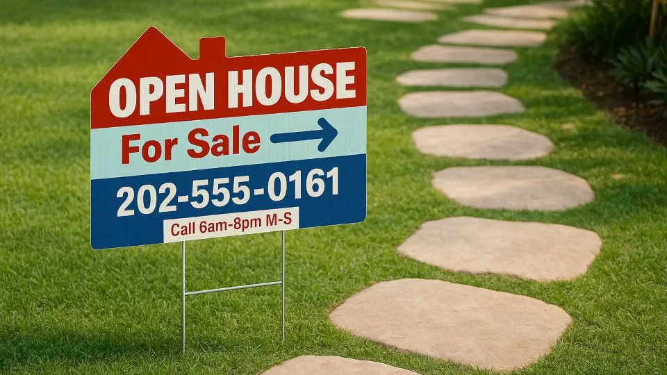 Open house sign installed next to a pathway directing to a property for sale.