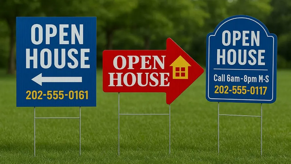 Open house signs in different styles featuring contact details and operating hours.