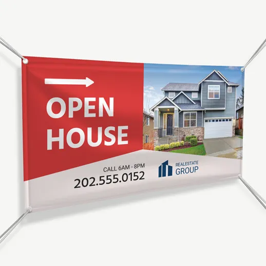 Vinyl outdoor banner for retail business reading Open House
