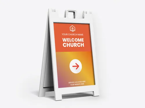 Exterior church sign displaying Welcome Church and a white arrow