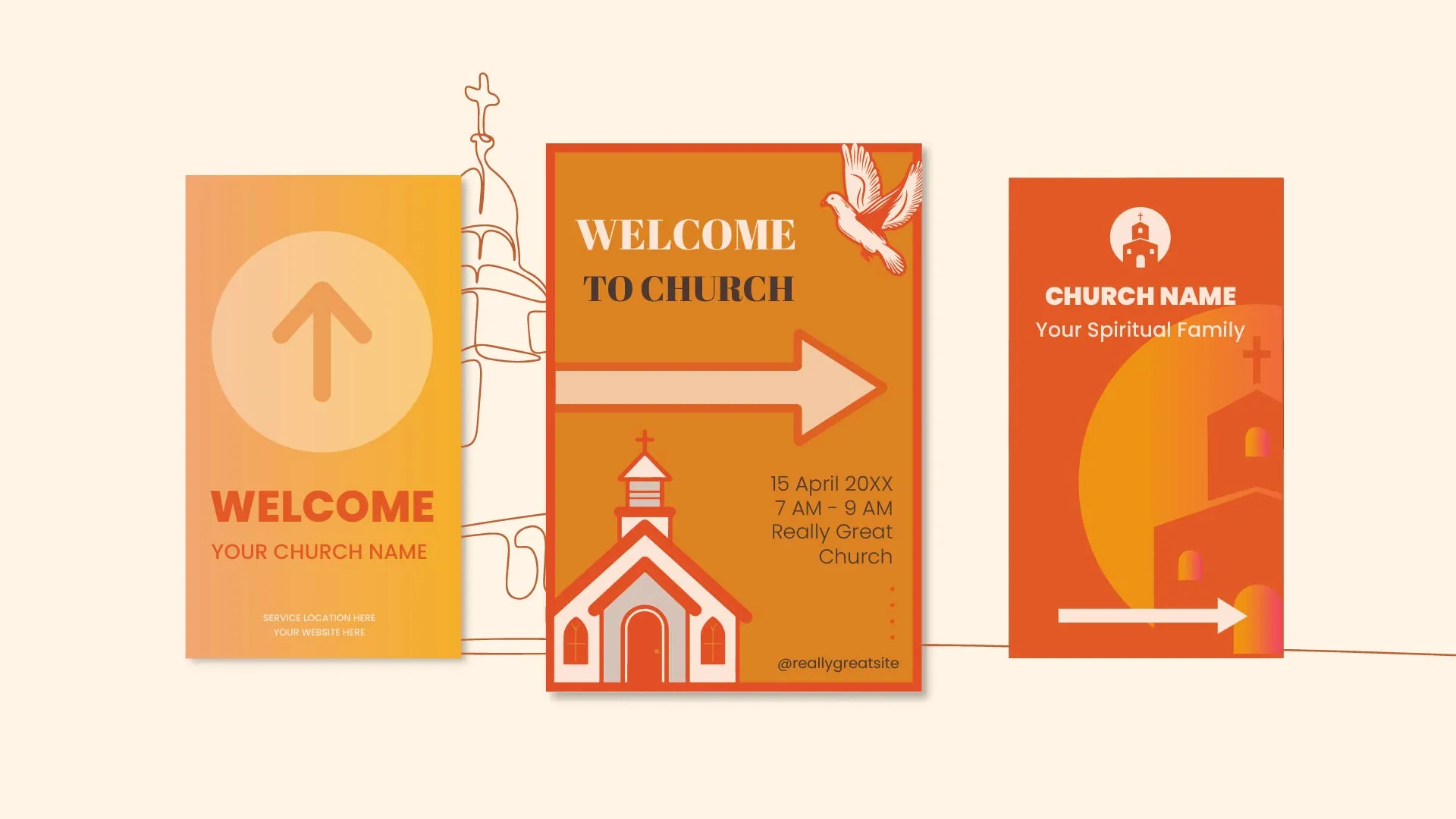 Orange church signs displaying navigational arrows and welcoming messages