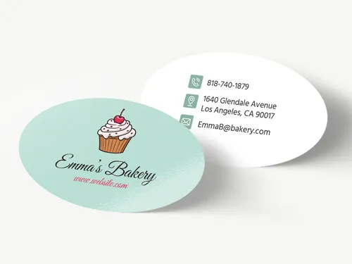 Oval bakery business cards with branding and contact details