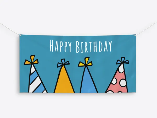 A custom birthday sign printed on a hanging banner.