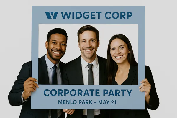 Three people holding up a corporate party selfie frame for a photo.
