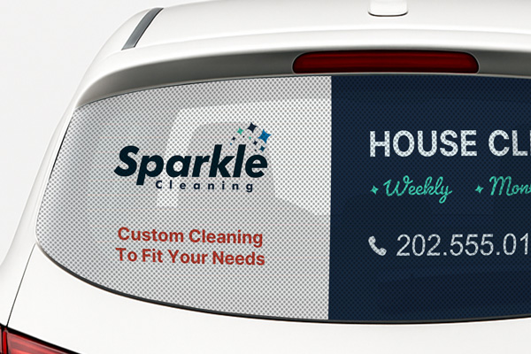 A custom perforated window decal applied to a car.