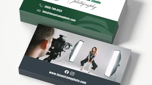 Photo business cards showcasing the photoshoot process in the studio