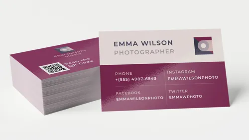 Photography business cards featuring the name of a photographer and her contact details