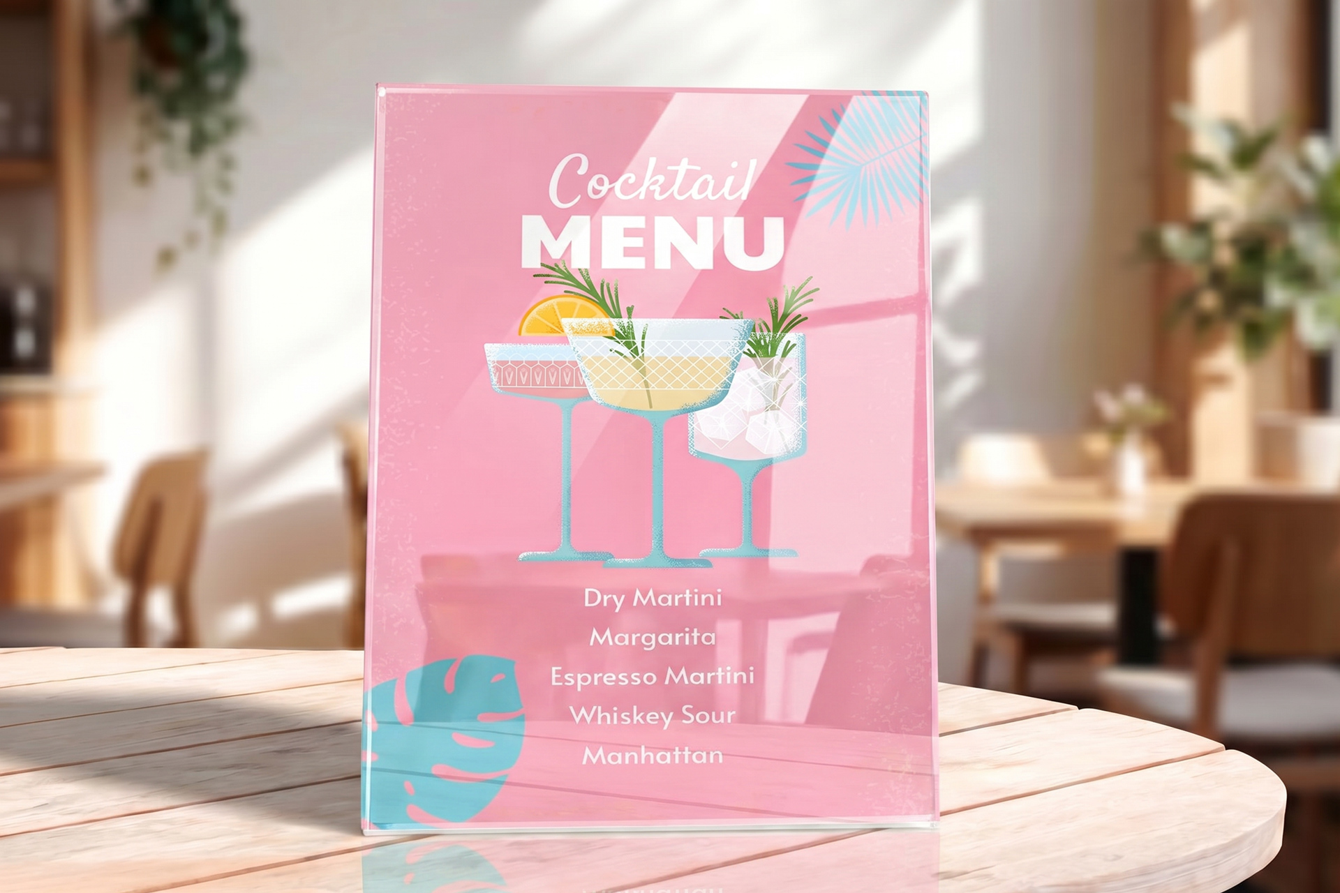 pink acrylic menu sign displaying cocktails