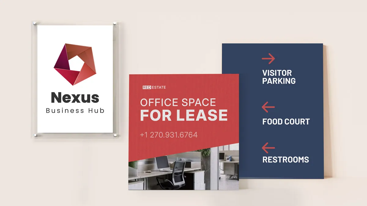 Various plastic signs for branding, advertising, and wayfinding purposes.