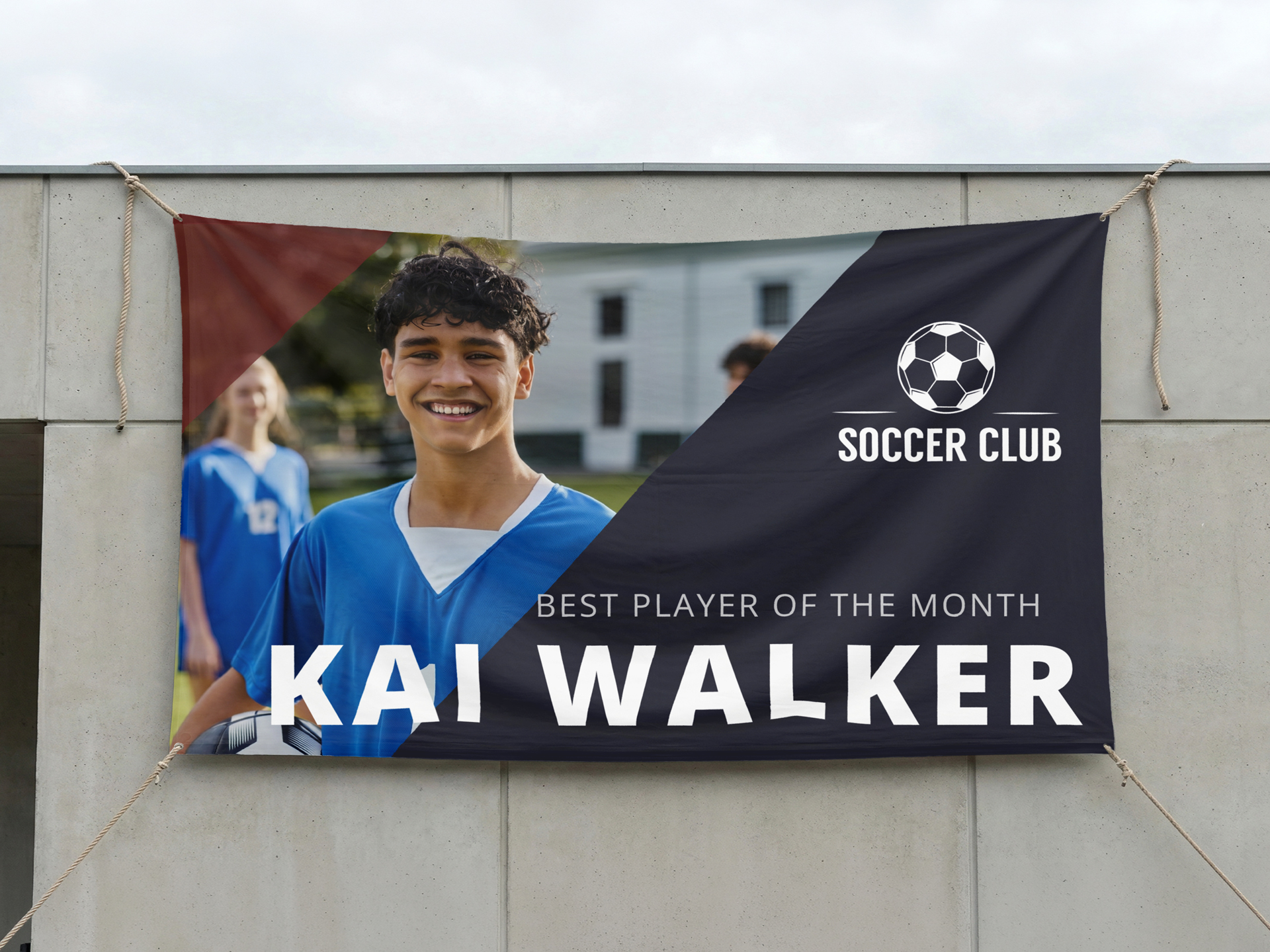  Soccer banner honoring player of the month Kai Walker from Soccer Club.