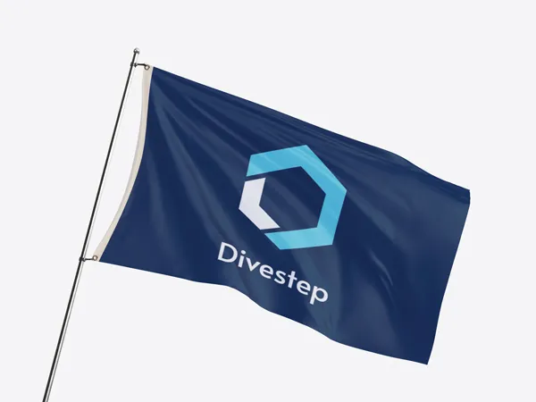 blue pole flag with divestep text and oval shape graphic 