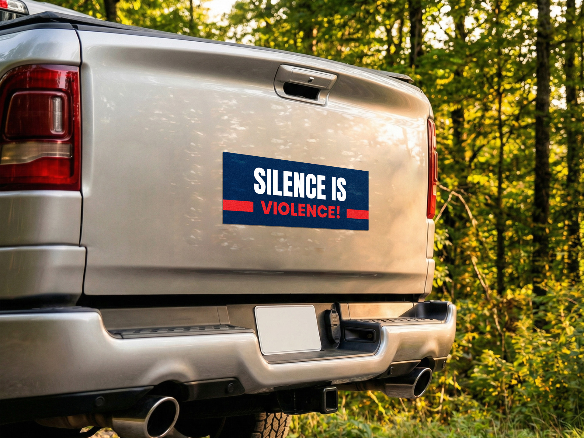 Blue bumper sticker reading "Silence is Violence"