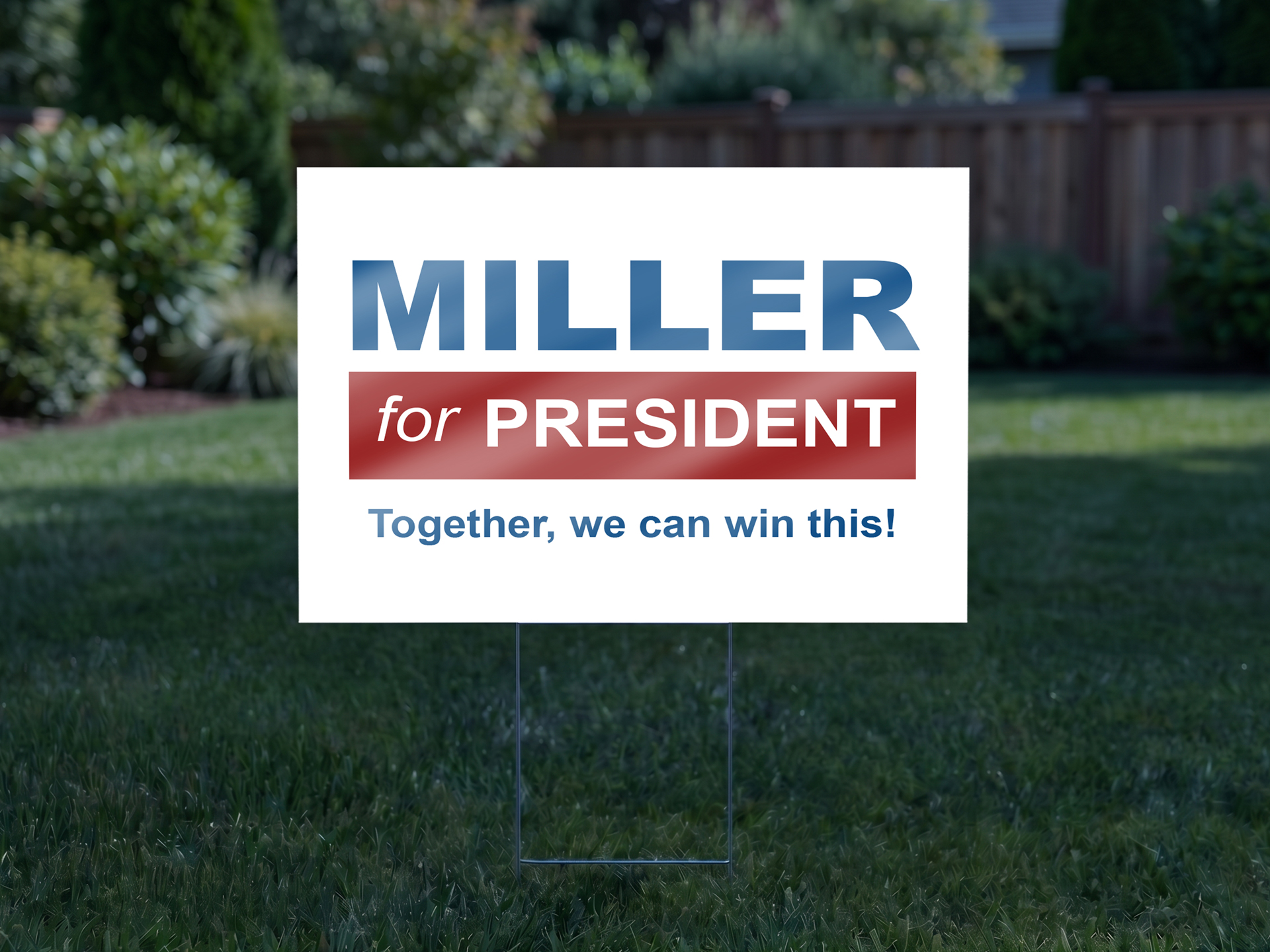A simple reflective coroplast sign featuring the candidate name and an inspiring motto.