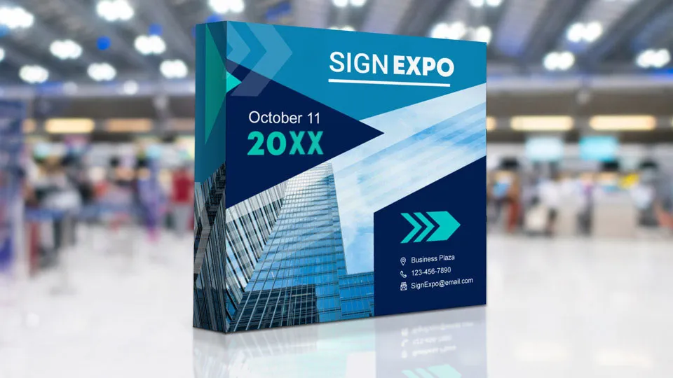 Pop up display with branding elements set up at a trade show. 