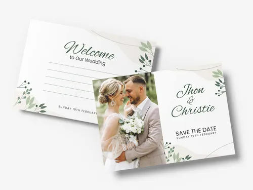 Postcard printing with a wedding theme for save-the-date and welcome messages