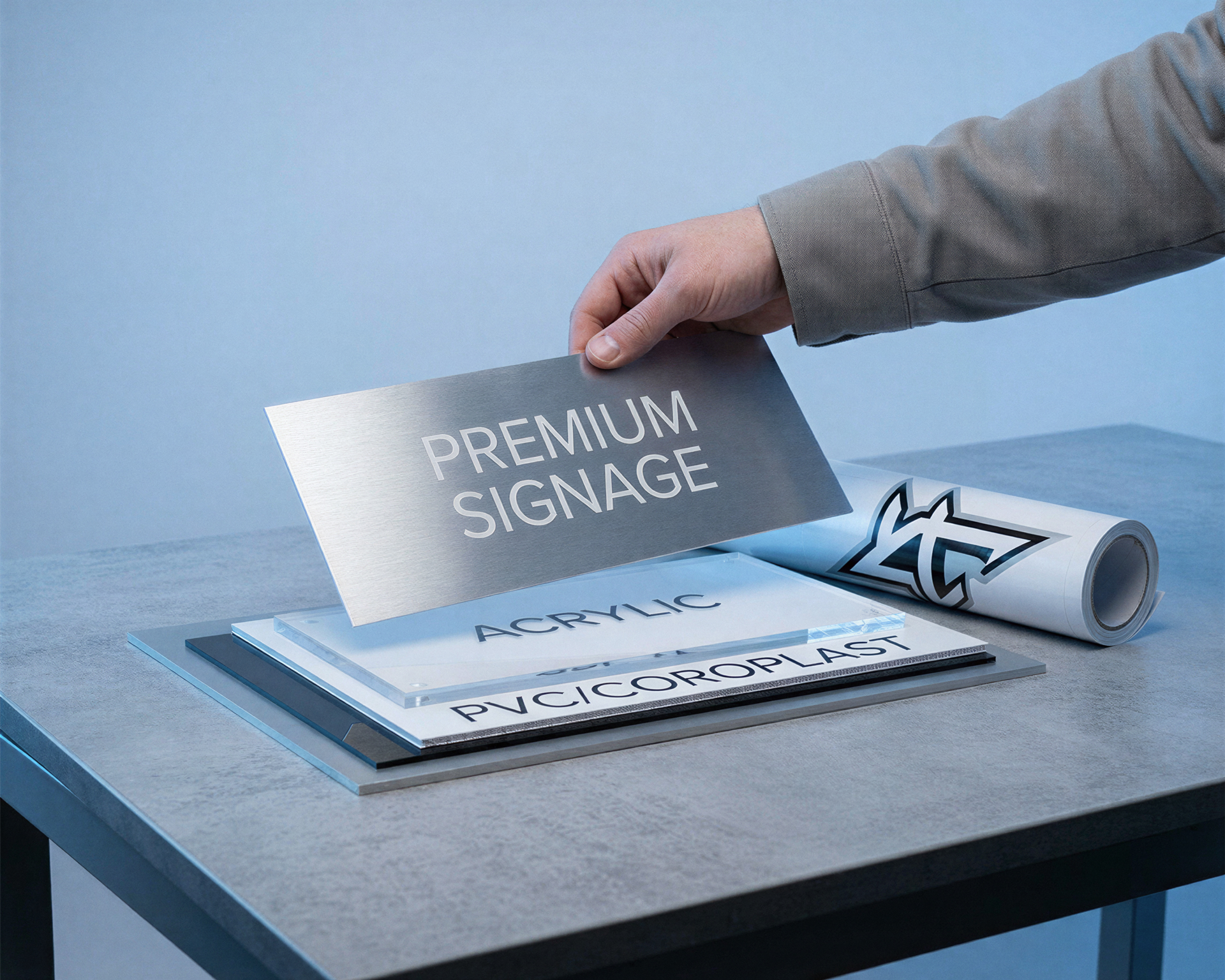A person holding a metal sign over a stack of other signs made of various materials.