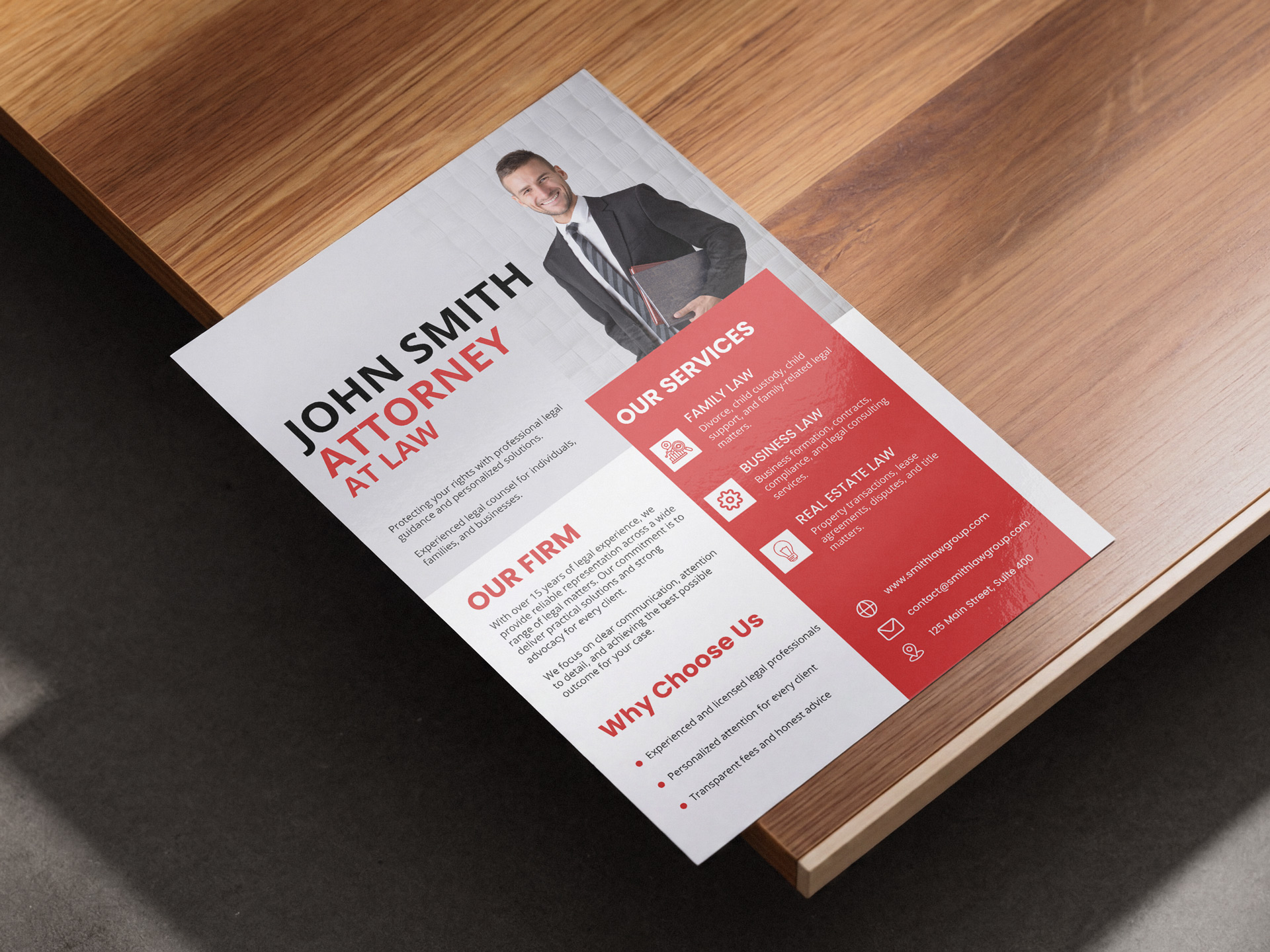 Custom flyer printing advertising the services of an attorney at law