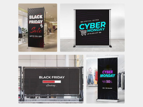 Collection of Black Friday and Cyber Monday retail signage in various formats.