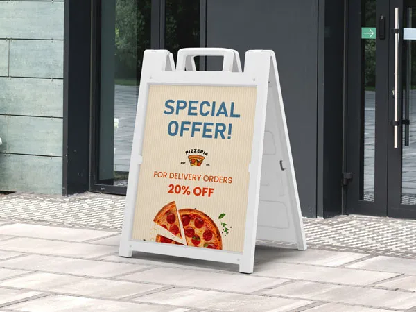 A custom sandwich board highlighting a special offer for a pizza parlor.