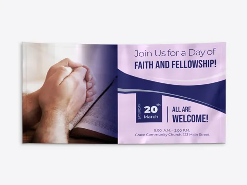Bright church sign displaying praying hands, welcoming all attendees to A Day of Faith and Fellowship