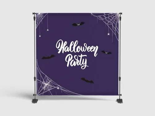Purple Halloween party step and repeat banner with bats and spider webs.