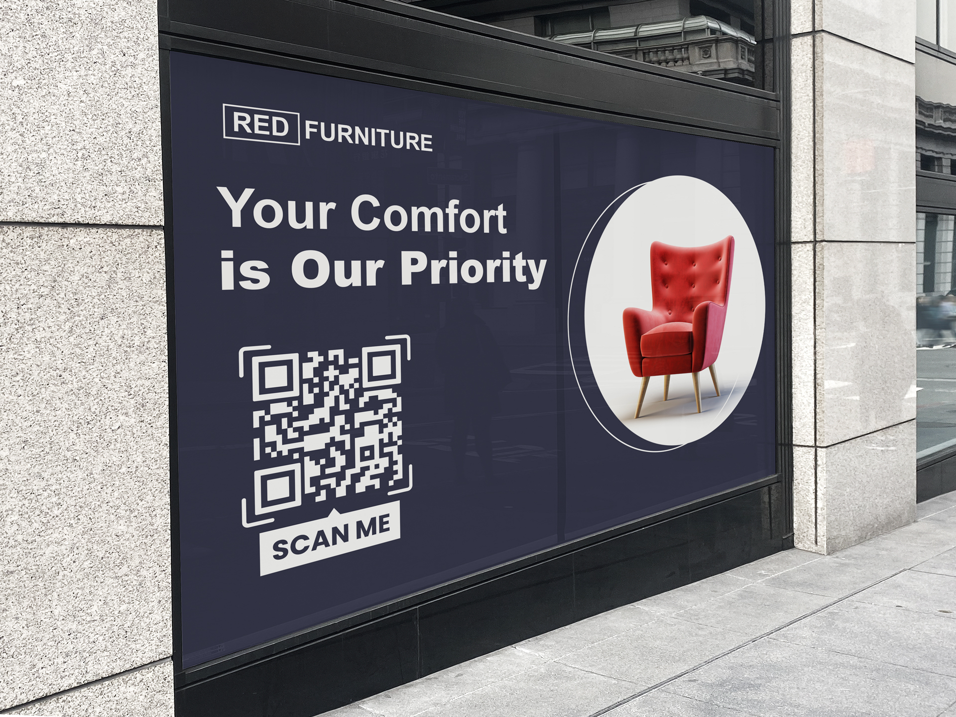 Retail store window graphics with a QR code.