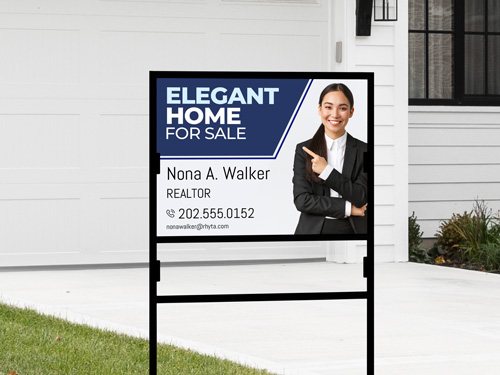 Elegant Home For Sale real estate sign showcasing a realty agent's portrait.