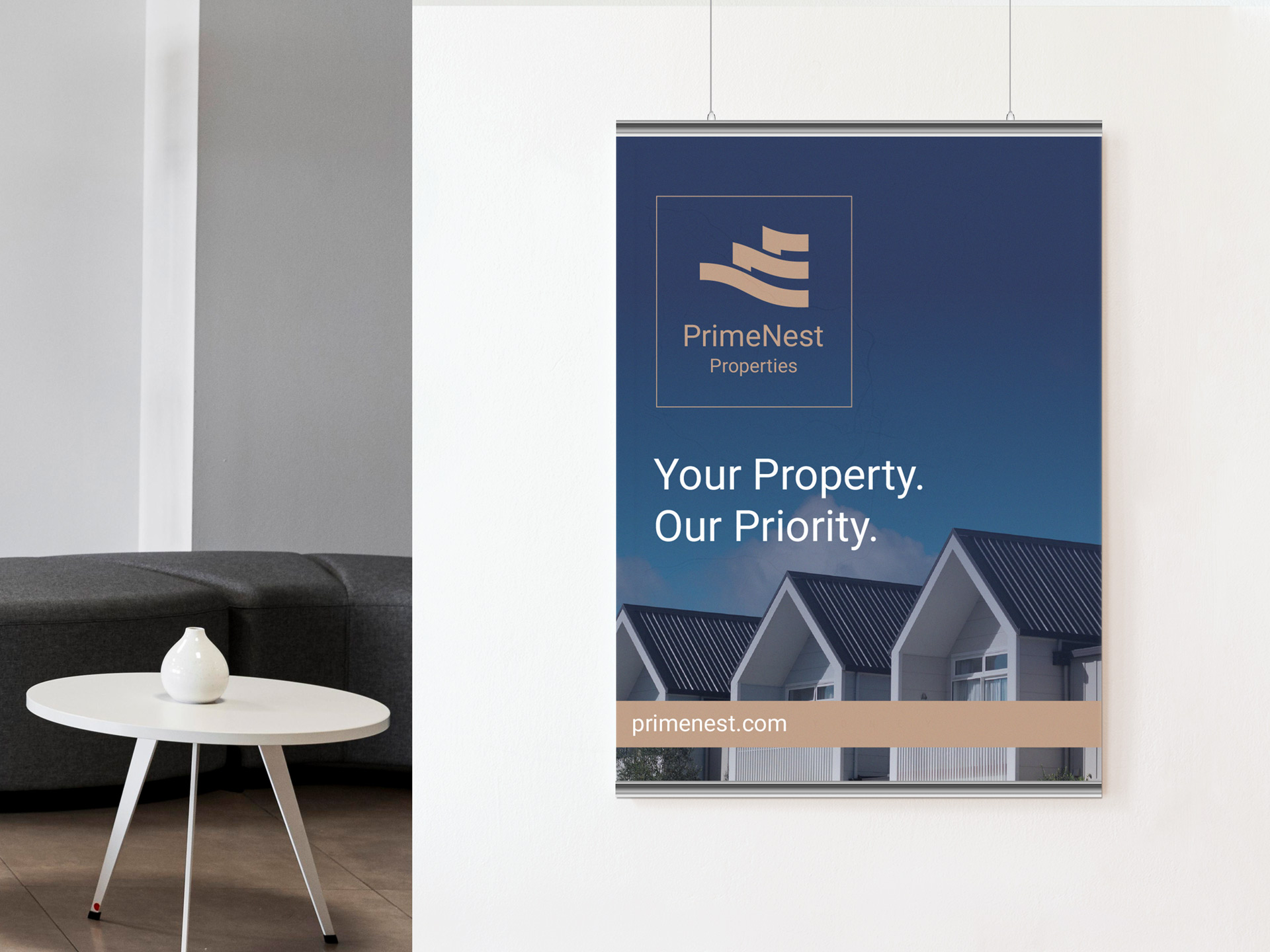 Real estate branding on a snap hanging poster.