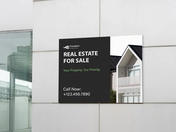 A custom PVC sign for a real estate company showcasing a property for sale along with contact information.