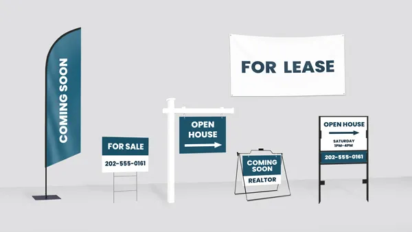 Various real estate signs featuring different display types for promoting properties