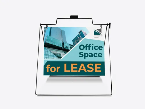 Office real estate sign advertising a space available for leasing and featuring a building