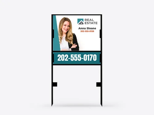 Professional realtor sign showcasing a real estate agent's headshot and contact number