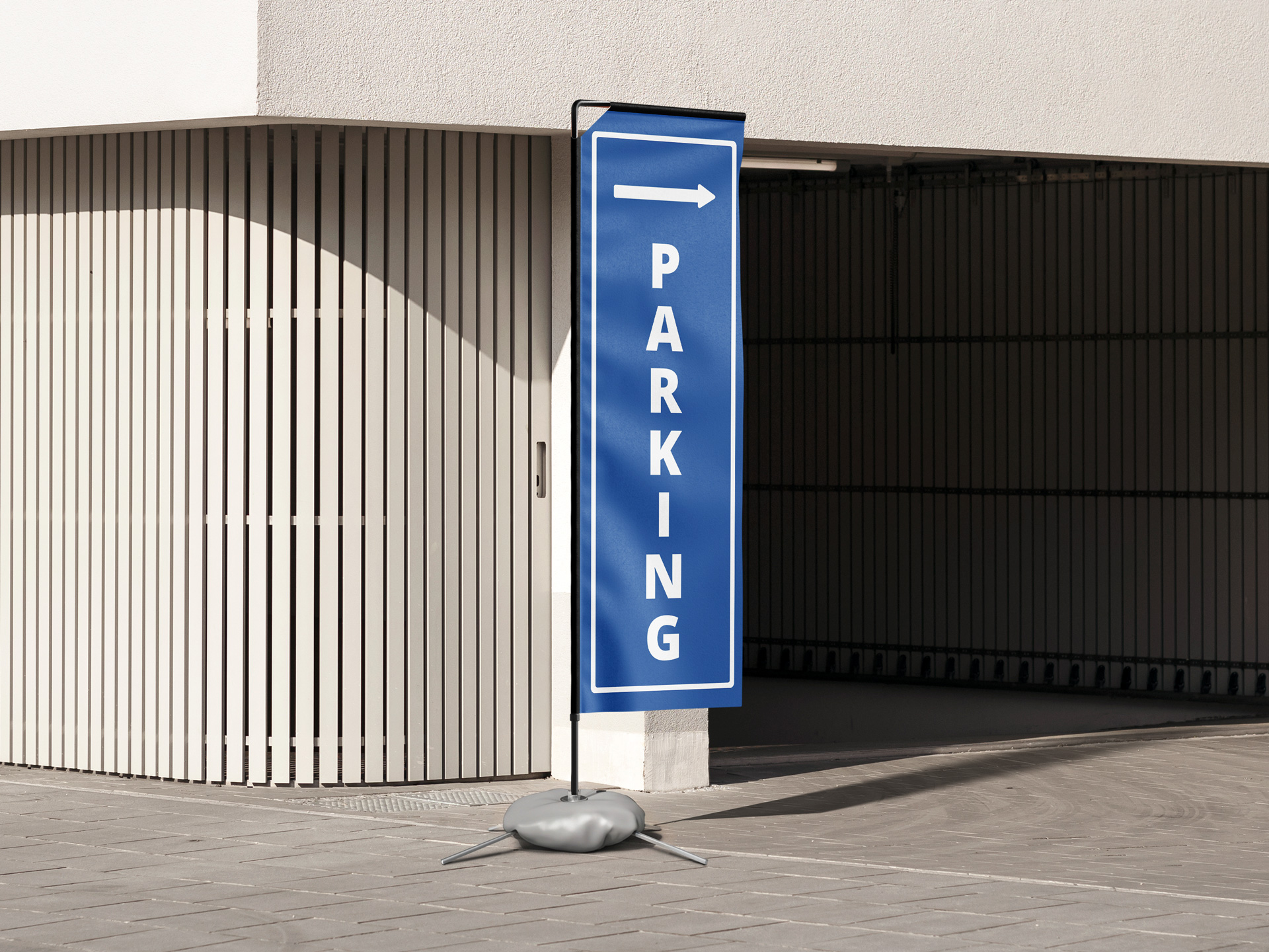 rectangle flag banner with a directional arrow pointing to parking area
