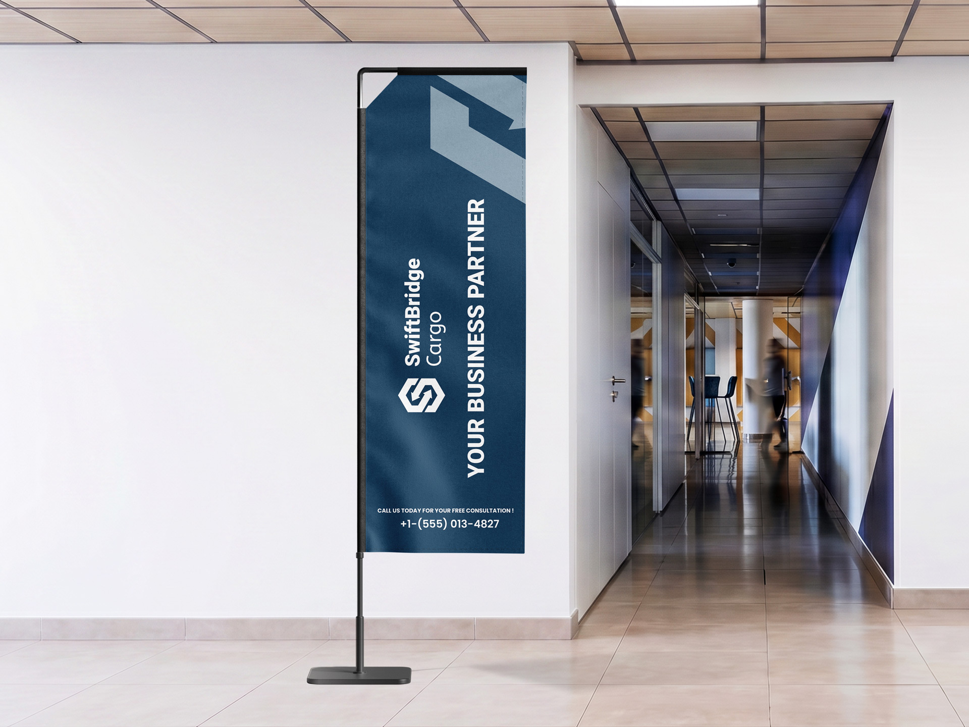 Branding rectangular flag installed indoors, featuring the company's name and logo
