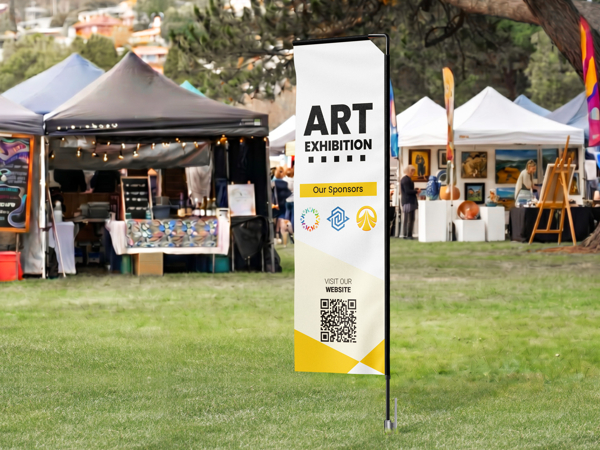 Art Exhibition rectangle flag featuring the sponsors' names and a QR code