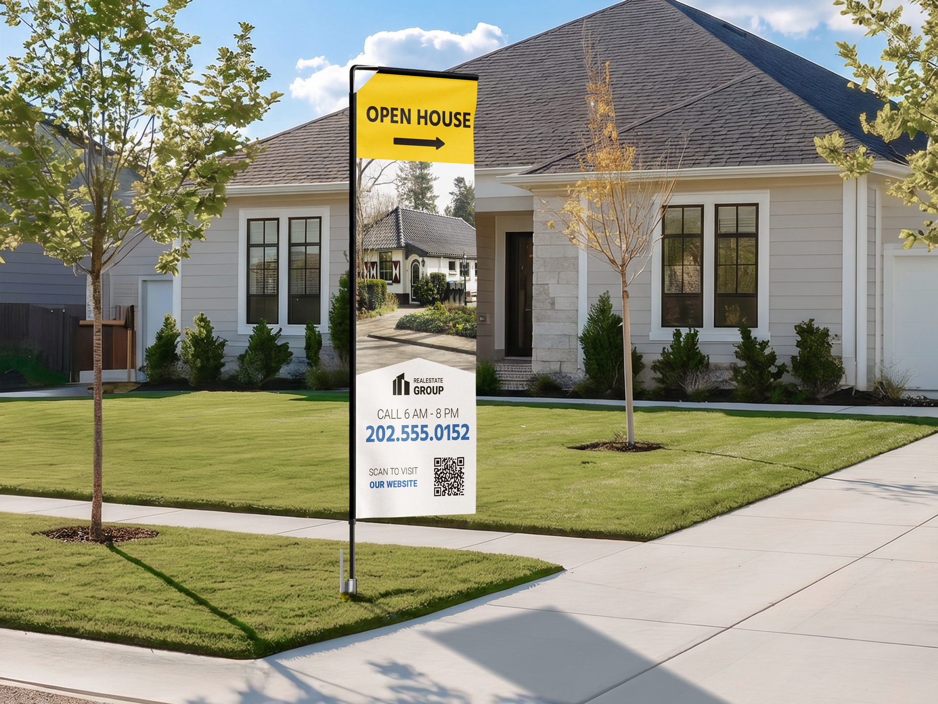Open house rectangle flag with a directional arrow and contact information