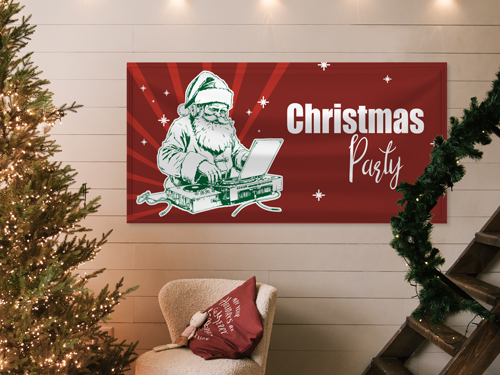 Red Christmas party banner featuring Santa as a DJ, displayed on a wall with holiday decorations.