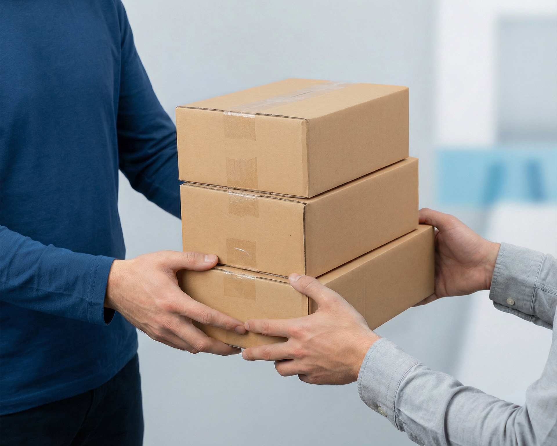 A delivery person handing a customer a set of packages.