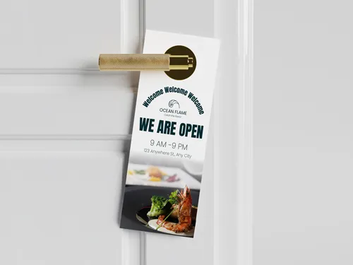 Elegant door hanger for restaurants displaying delivery services and working hours.