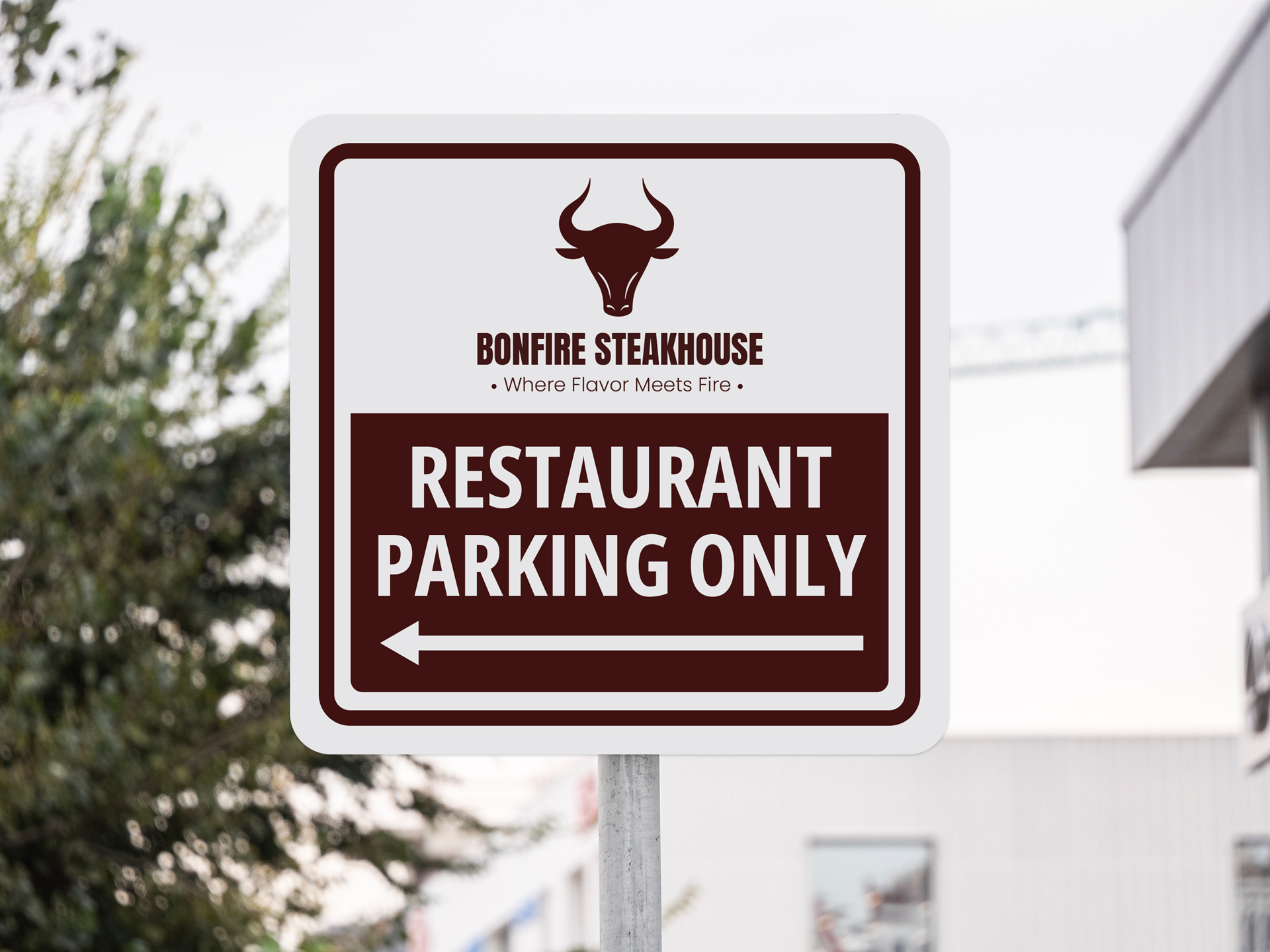 A restaurant parking sign template features the restaurant's name and logo, as well as directs to left with a white arrow print